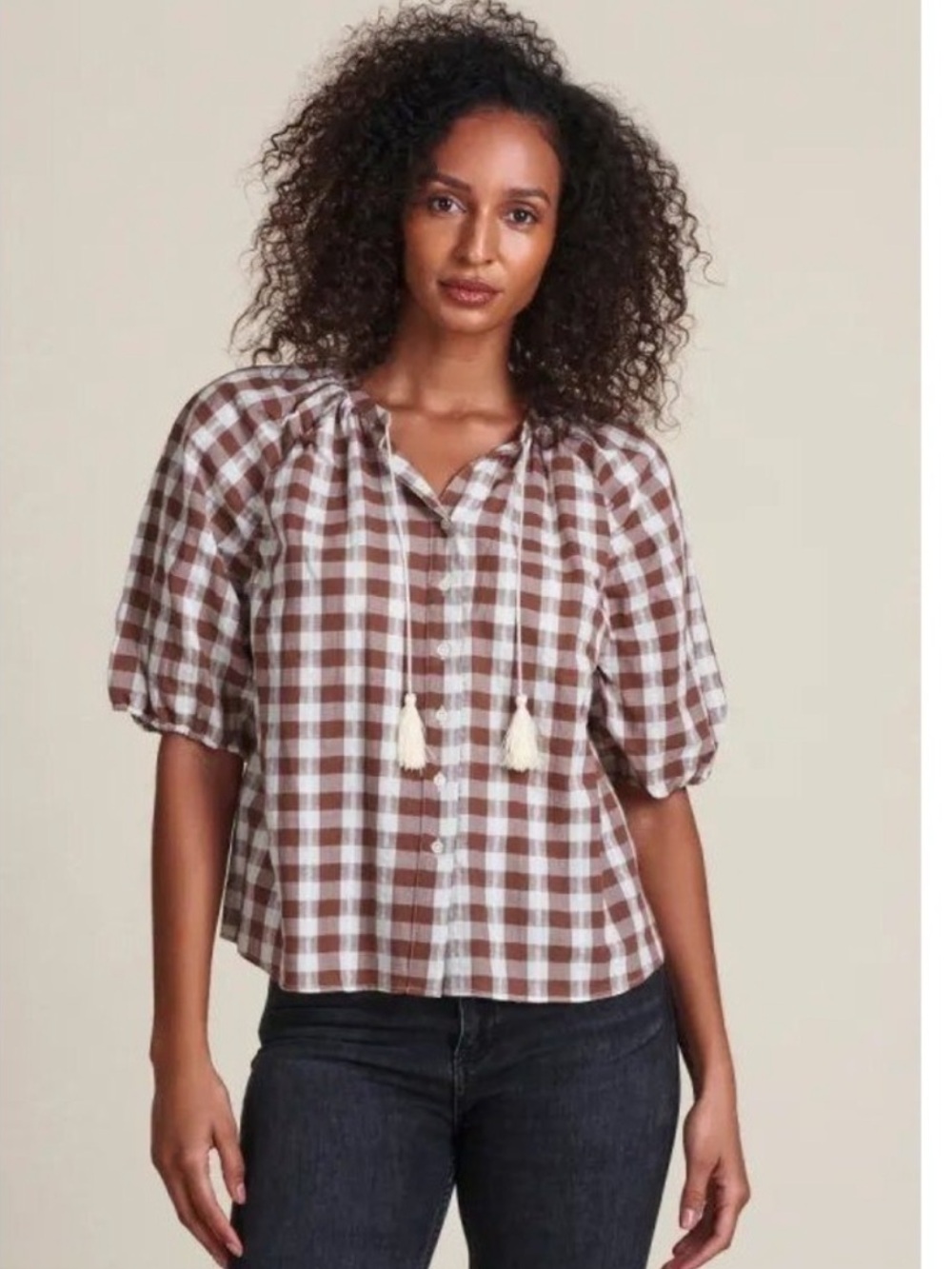 The Shirt by Rochelle Behrens Brown and White Gingham Peasant Blouse